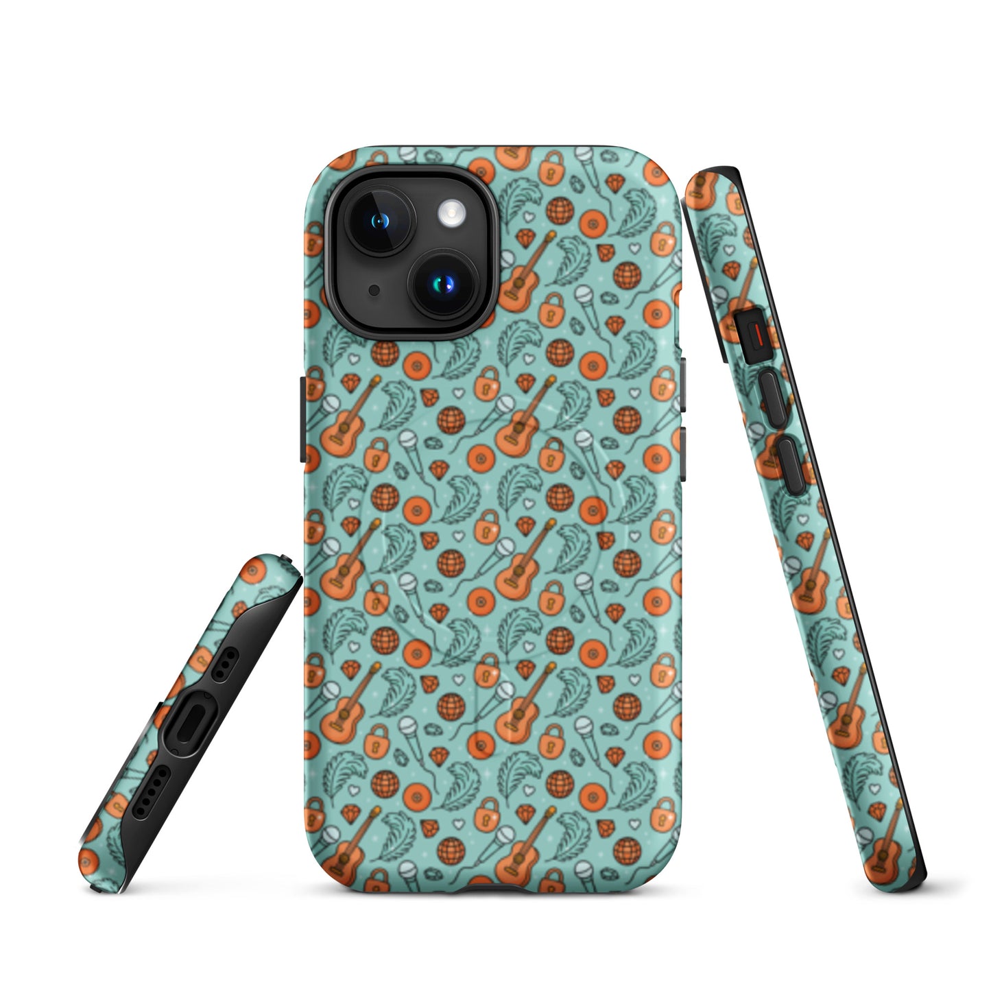 Music-Inspired MagSafe Tough iPhone Case by Spinsterly Co in light blue with retro disco guitar pattern