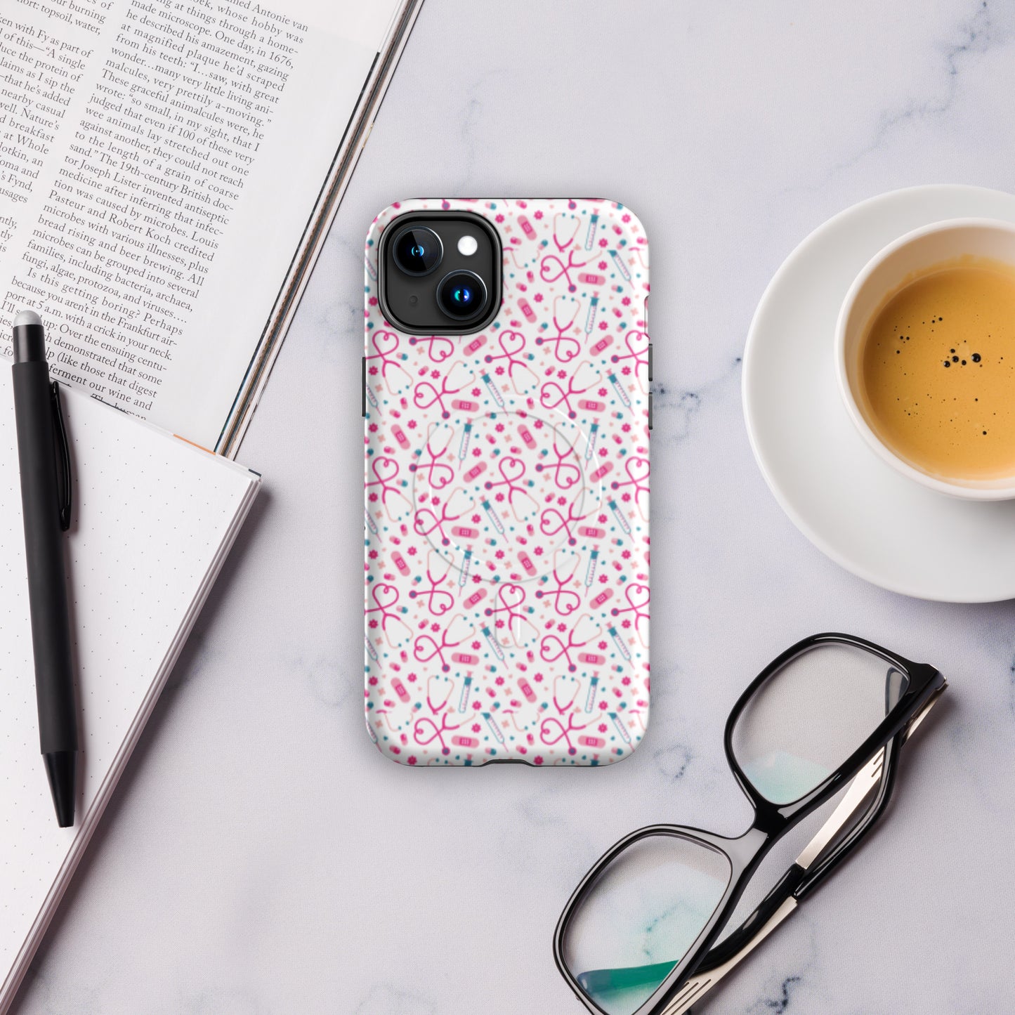 Kawaii Nurse MagSafe Tough iPhone Case by Spinsterly Co glossy white with stethoscope and heart pattern