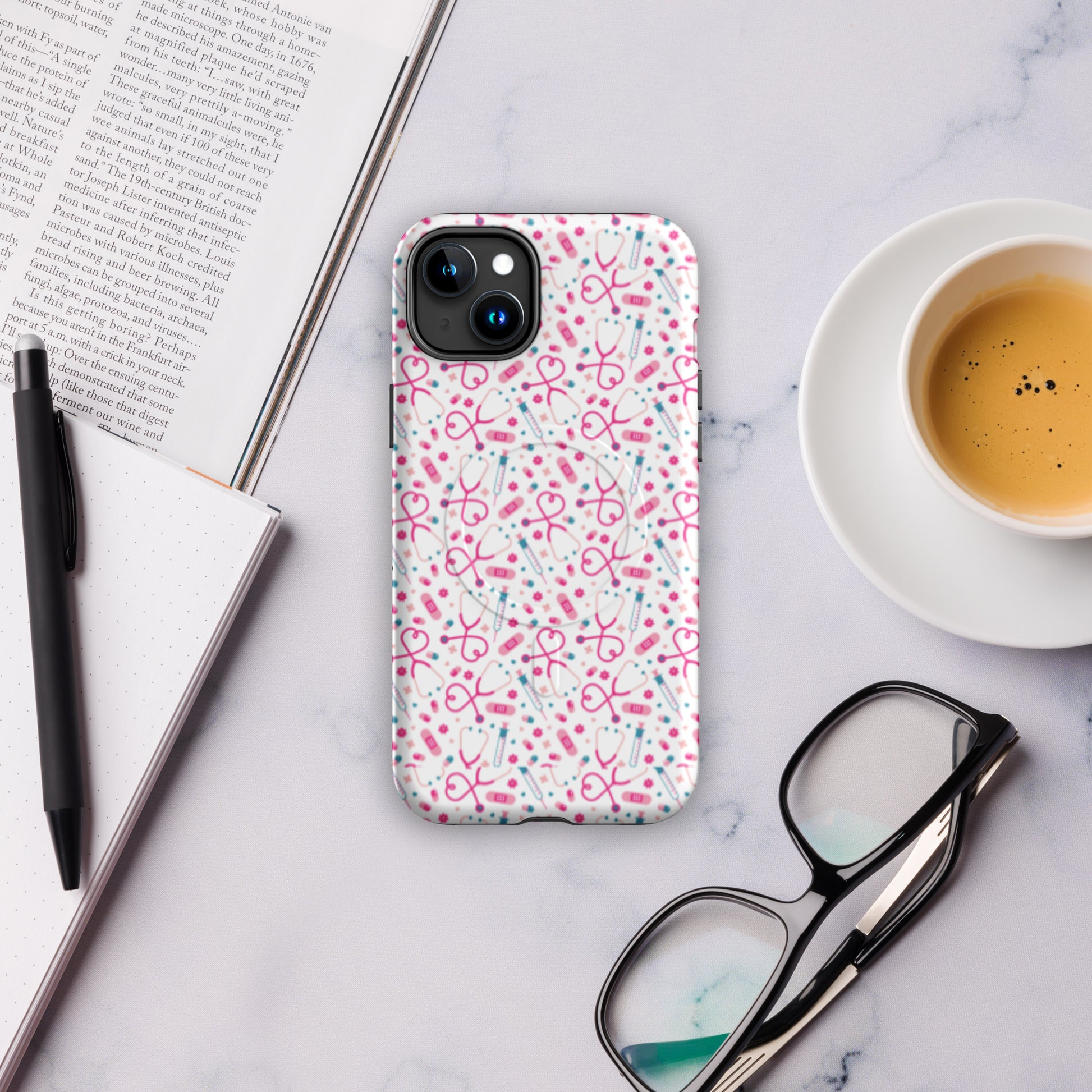 Kawaii Nurse MagSafe Tough iPhone Case by Spinsterly Co glossy white with stethoscope and heart pattern