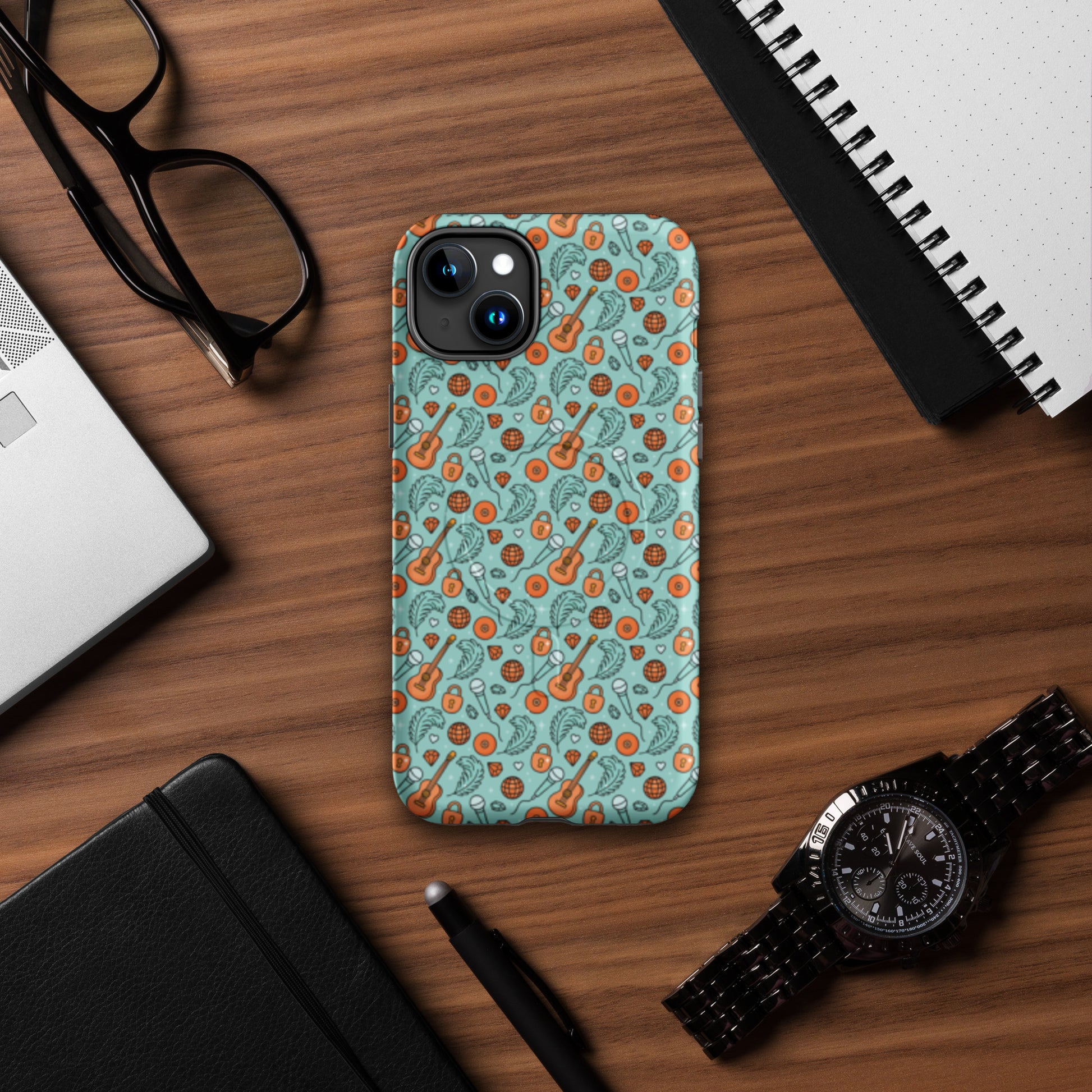 Music-Inspired MagSafe Tough iPhone Case Spinsterly Co retro disco guitar pattern teal with dual-layer protection