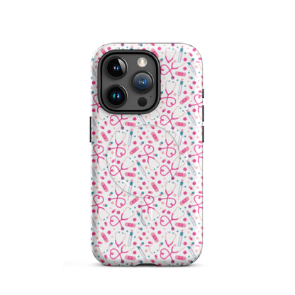 Kawaii Nurse MagSafe Tough iPhone Case by Spinsterly Co in glossy white with nurse stethoscope pattern
