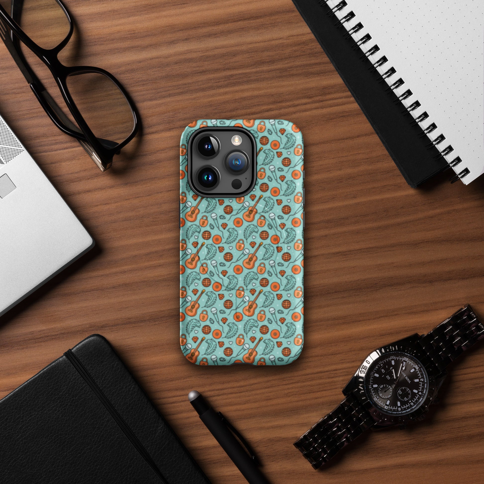 Music-Inspired MagSafe Tough iPhone Case by Spinsterly Co with retro disco guitar pattern on teal