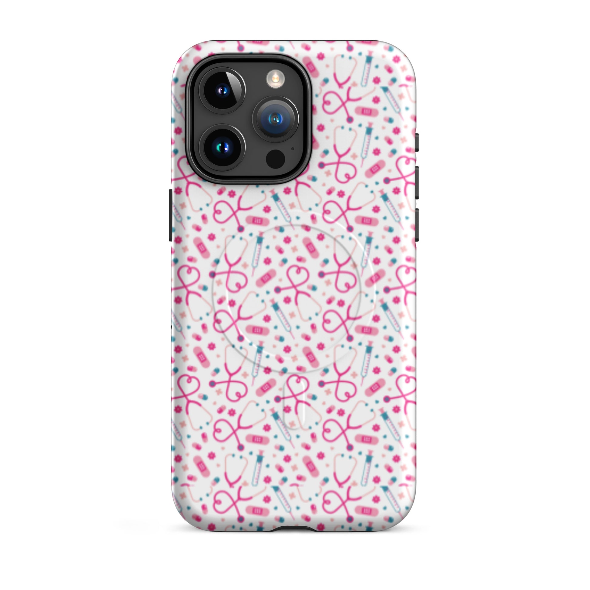 Kawaii Nurse MagSafe Tough iPhone Case by Spinsterly Co in glossy white with dual-layer protection