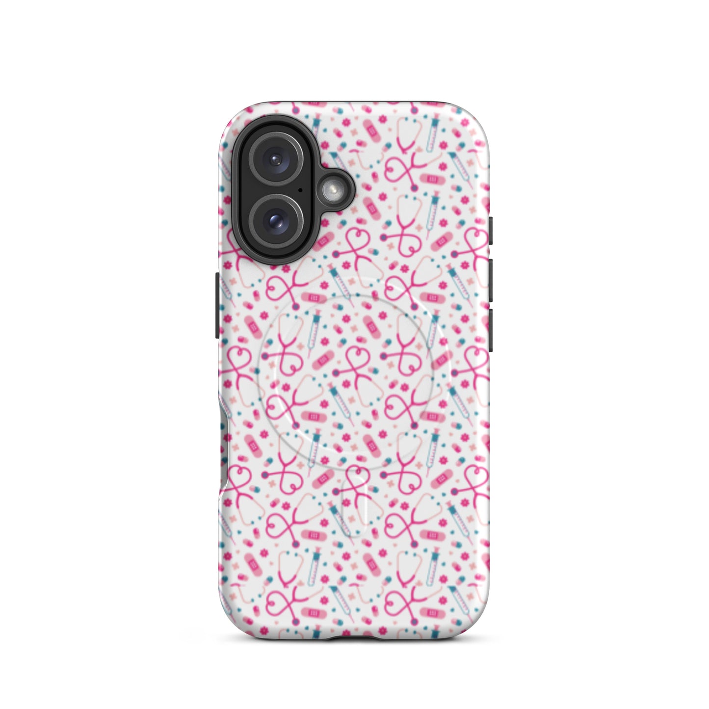 Kawaii Nurse MagSafe Tough iPhone Case by Spinsterly Co in glossy white with dual-layer protection