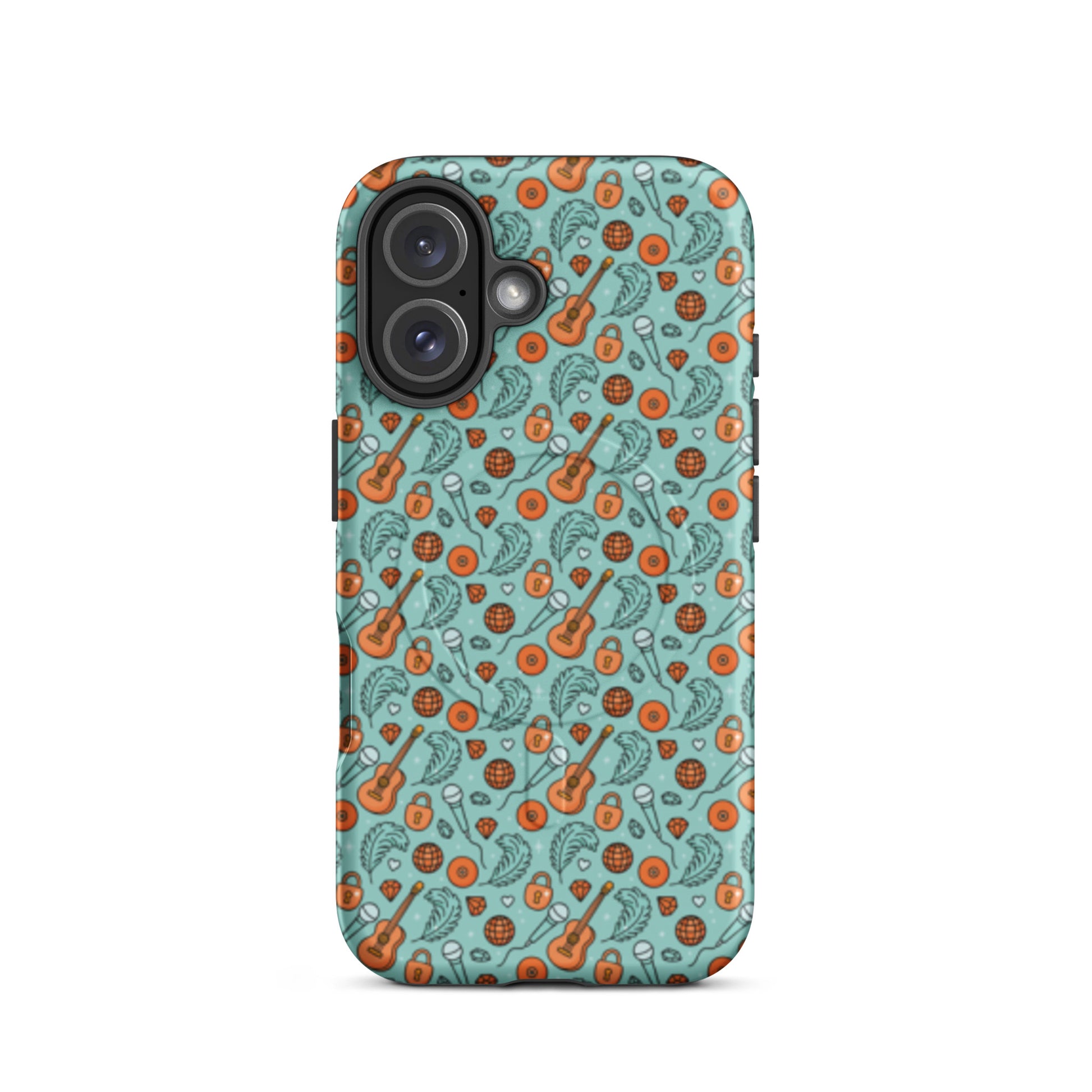 Music-Inspired MagSafe Tough iPhone Case Spinsterly Co retro disco guitar design on teal with dual-layer protection