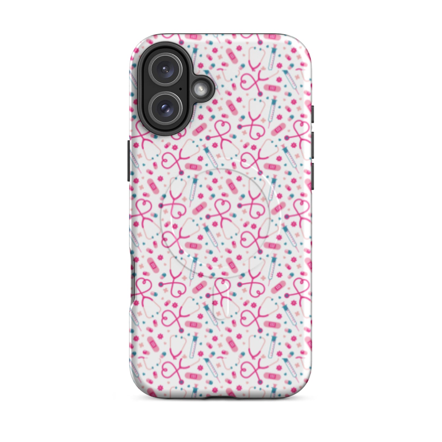 Kawaii Nurse MagSafe Tough iPhone Case by Spinsterly Co, glossy white medical pattern with dual layer protection