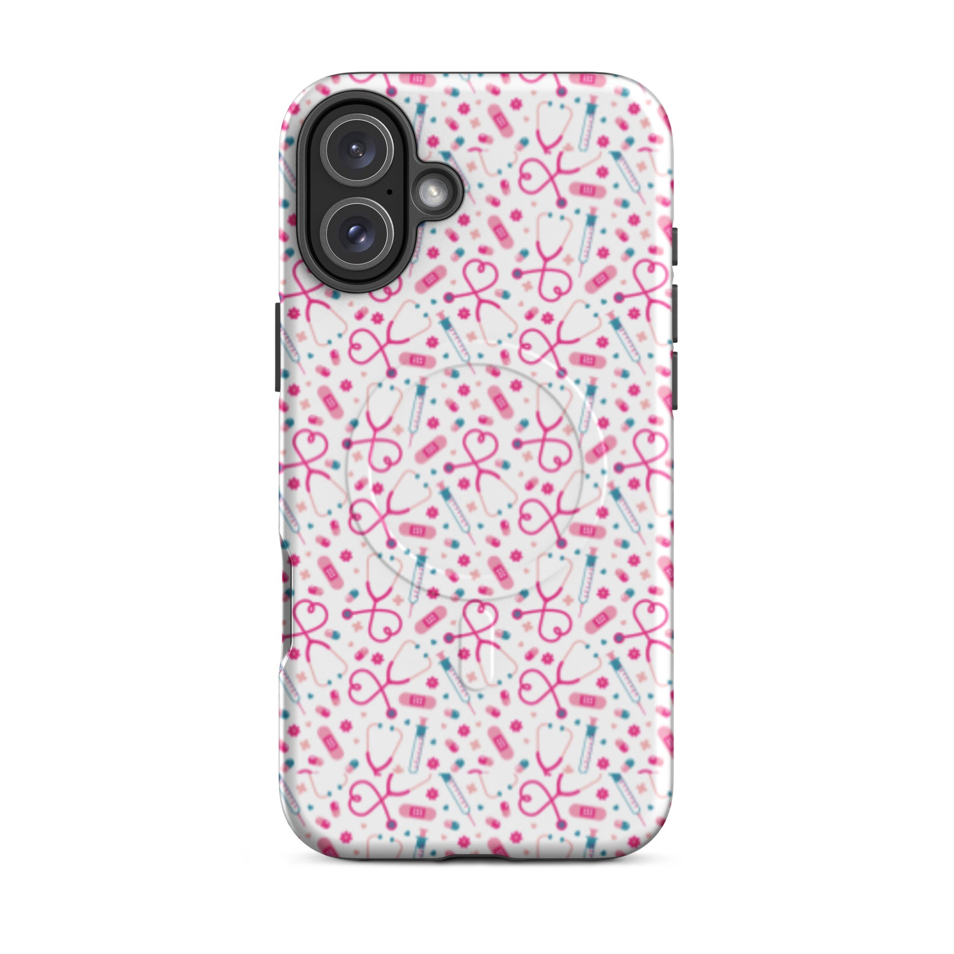 Kawaii Nurse MagSafe Tough iPhone Case by Spinsterly Co, glossy white medical pattern with dual layer protection