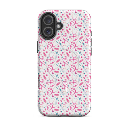Kawaii Nurse MagSafe Tough iPhone Case by Spinsterly Co, glossy white medical pattern with dual layer protection