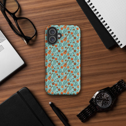 Music-Inspired MagSafe Tough iPhone Case by Spinsterly Co with retro disco guitar pattern on light blue