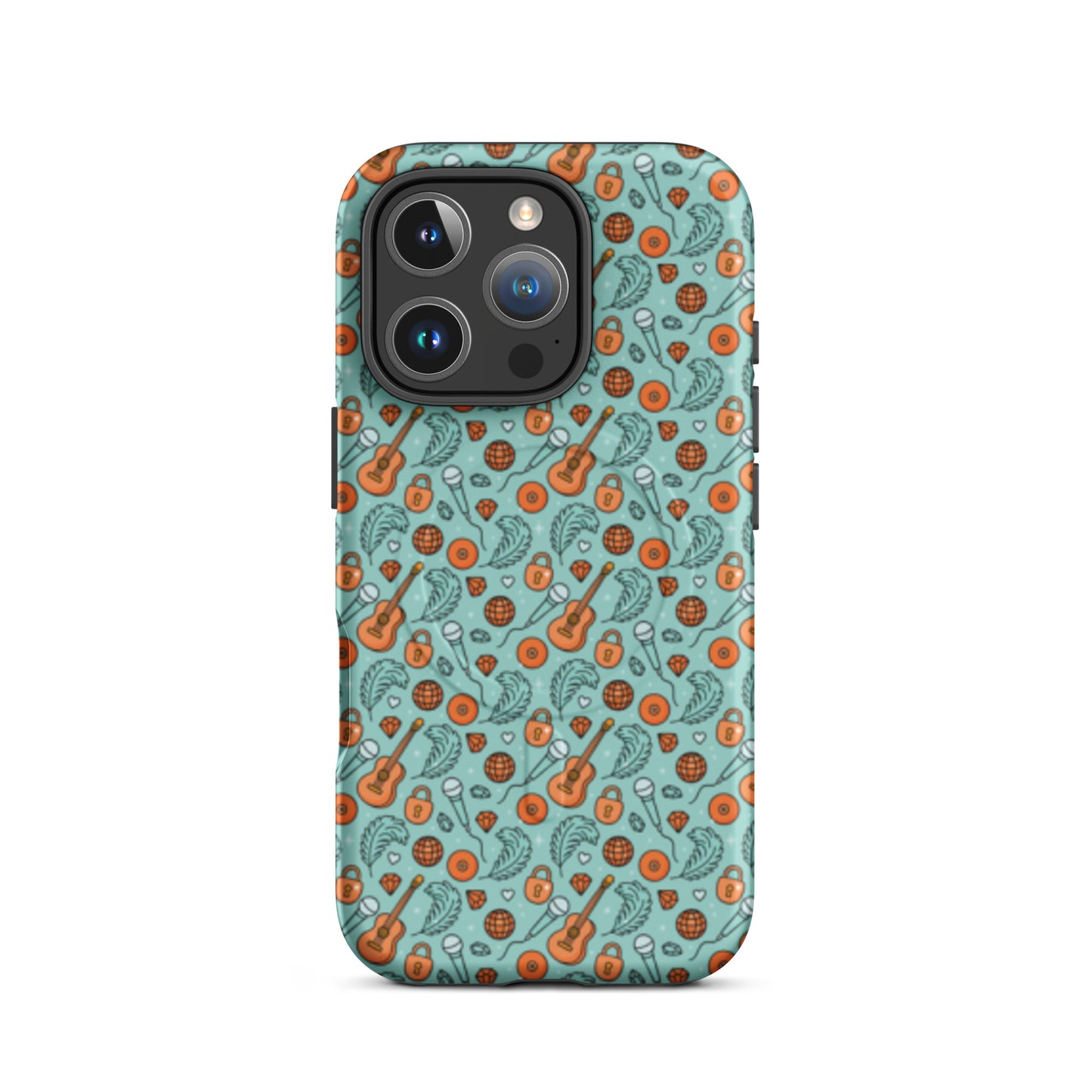 Music-Inspired MagSafe Tough iPhone Case by Spinsterly Co in teal with retro disco guitar pattern