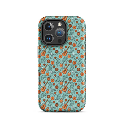 Music-Inspired MagSafe Tough iPhone Case by Spinsterly Co in teal with retro disco guitar pattern
