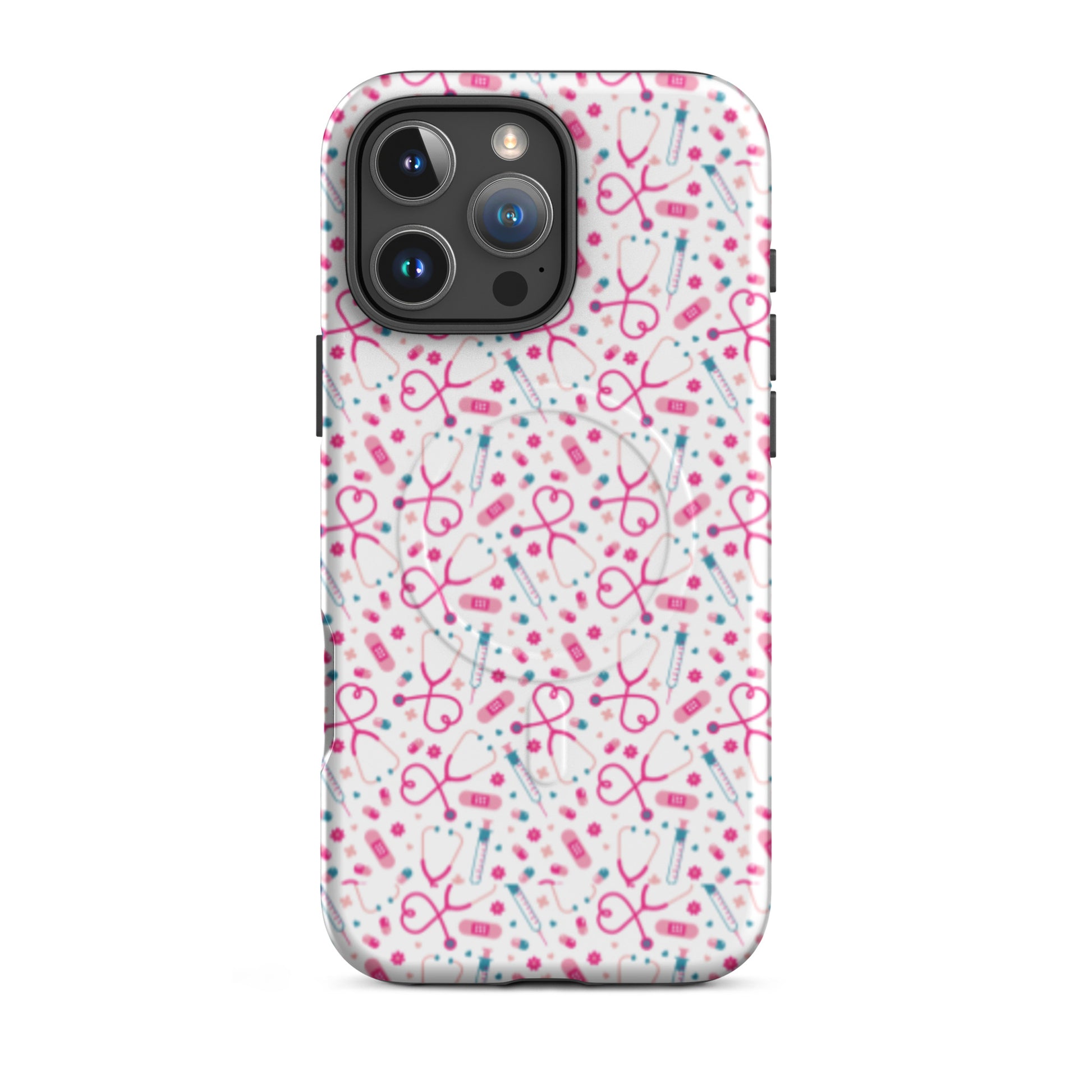 Kawaii Nurse MagSafe Tough iPhone Case by Spinsterly Co in Glossy white with medical pattern and MagSafe cutouts
