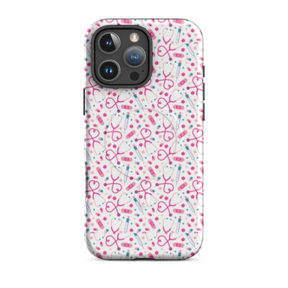 Kawaii Nurse MagSafe Tough iPhone Case by Spinsterly Co in Glossy white with medical pattern and MagSafe cutouts