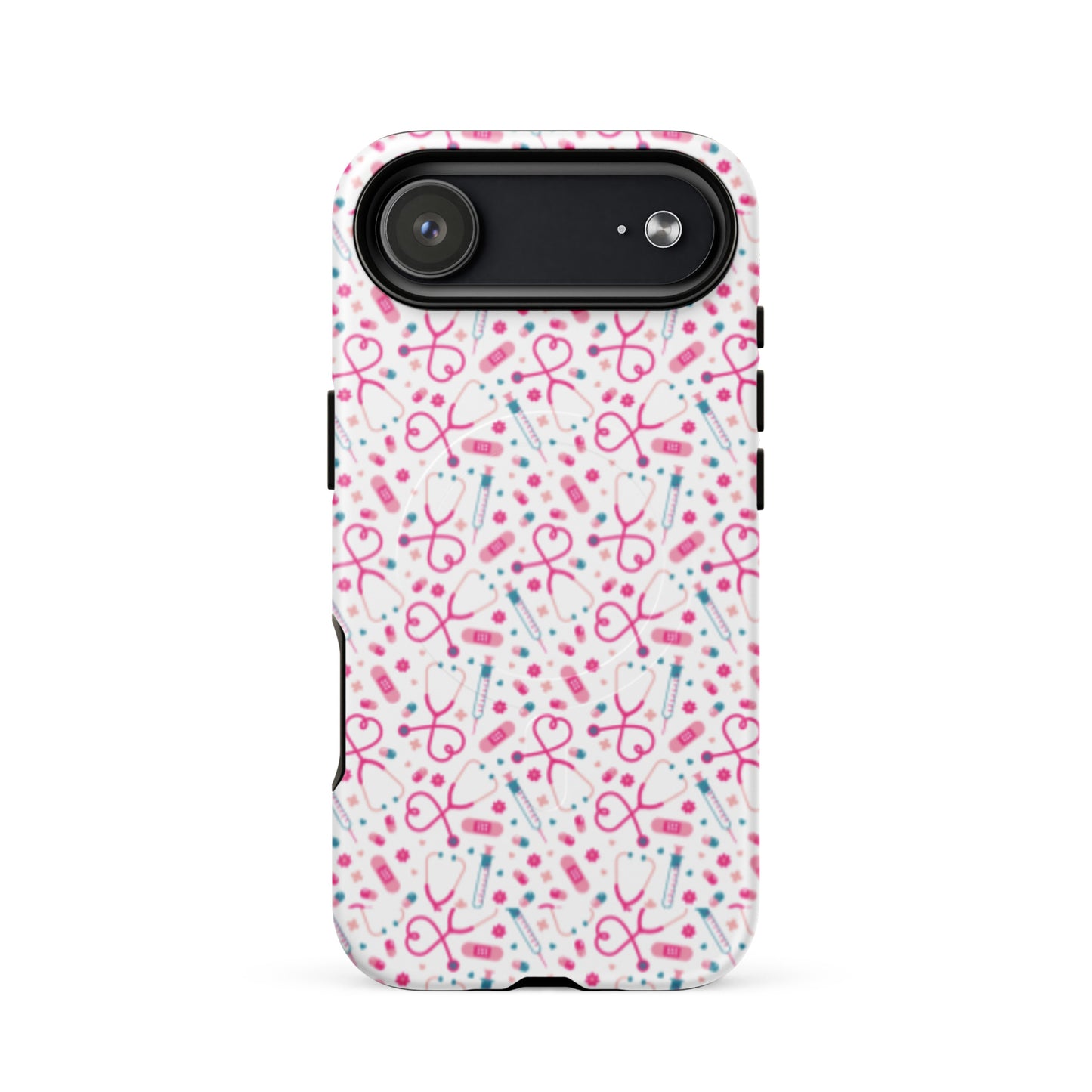 Kawaii Nurse MagSafe Tough iPhone Case by Spinsterly Co in glossy white with dual-layer protection and port cutouts