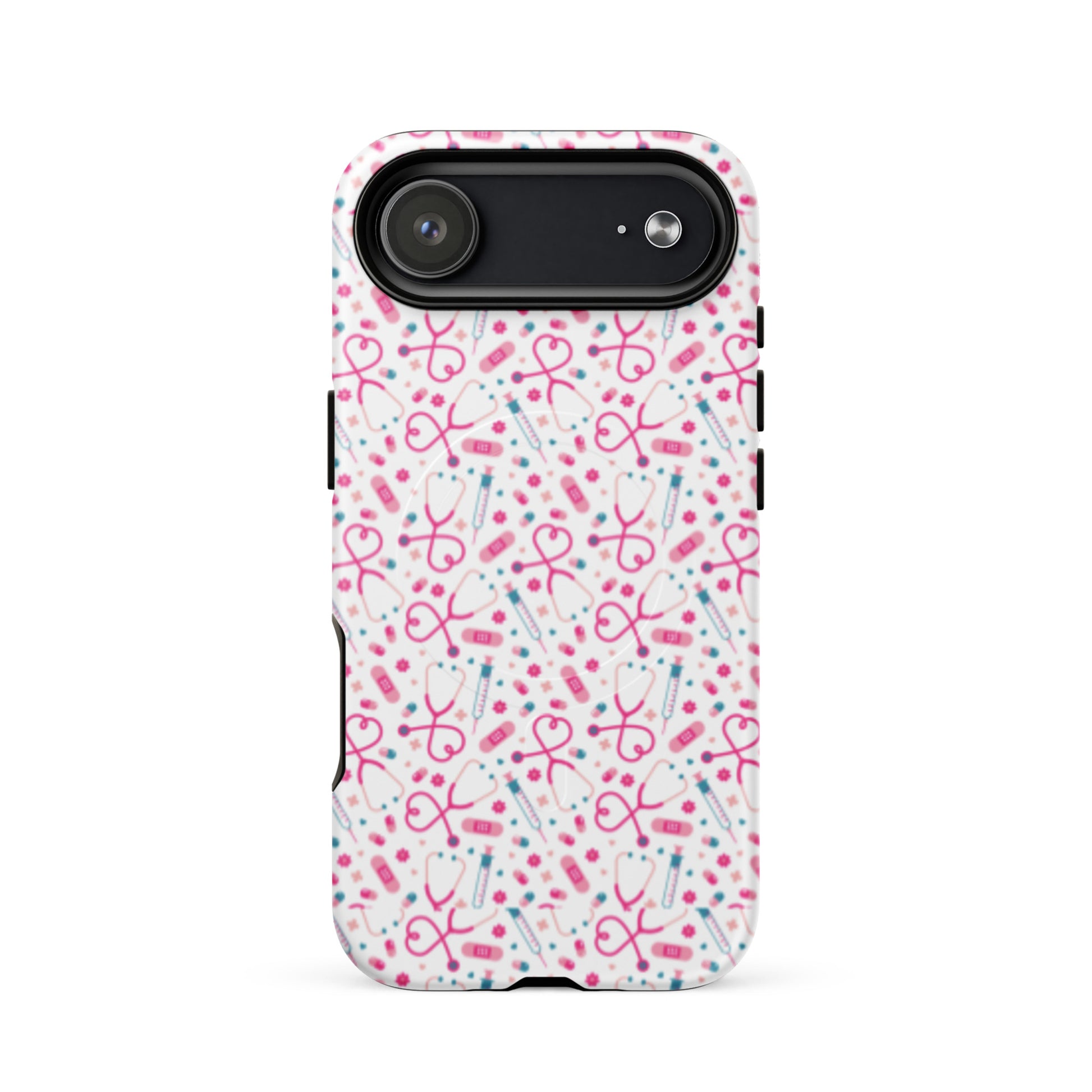 Kawaii Nurse MagSafe Tough iPhone Case by Spinsterly Co in glossy white with dual-layer protection and port cutouts