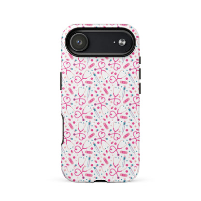 Kawaii Nurse MagSafe Tough iPhone Case by Spinsterly Co in glossy white with dual-layer protection and port cutouts