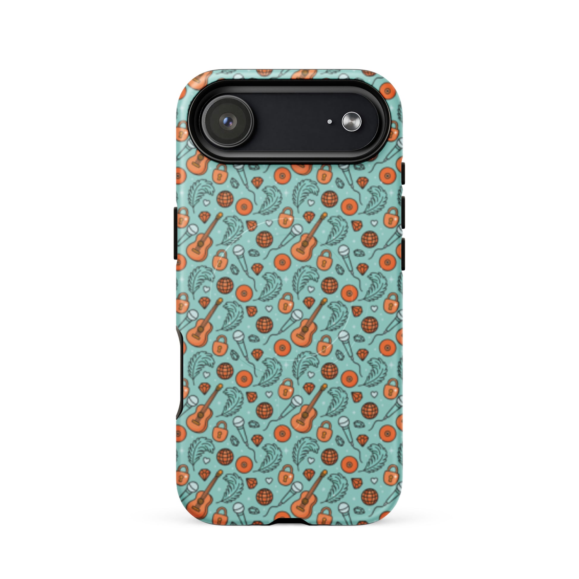 Music-Inspired MagSafe Tough iPhone Case Spinsterly Co retro disco guitar design in aqua with dual-layer tough protection