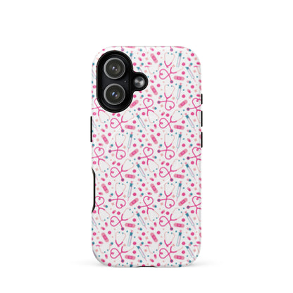 Kawaii Nurse MagSafe Tough iPhone Case by Spinsterly Co glossy white medical pattern with stethoscope hearts