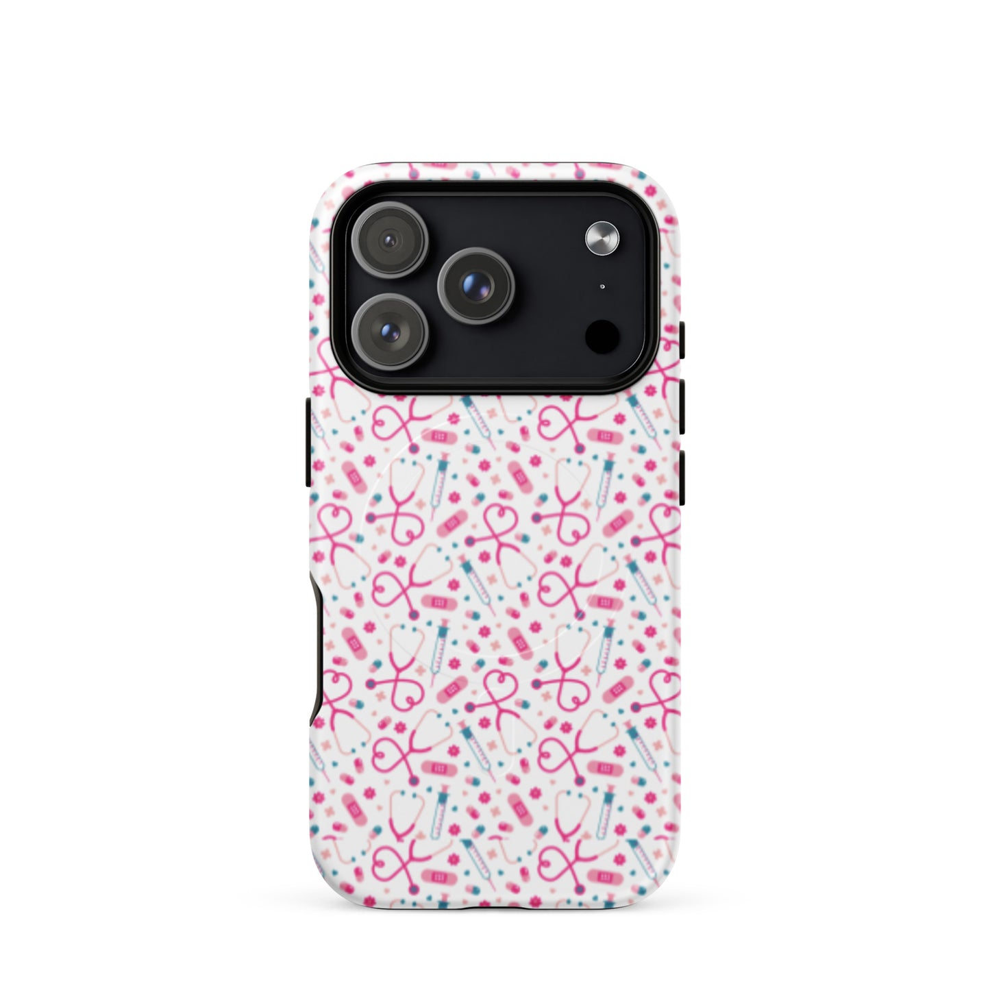 Kawaii Nurse MagSafe Tough iPhone Case by Spinsterly Co, glossy white medical pattern, dual-layer protection