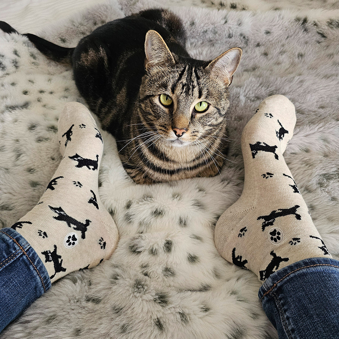 Socks that Save Cats — Black Cat Silhouette Crew Socks | Cream | Cat Lover Gift | Organic Cotton - Spinsterly Co