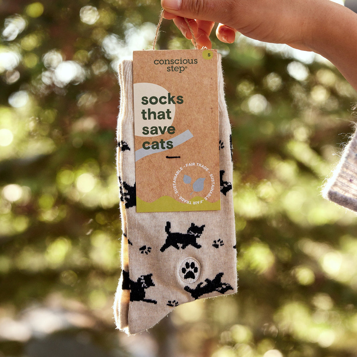 Socks that Save Cats — Black Cat Silhouette Crew Socks | Cream | Cat Lover Gift | Organic Cotton - Spinsterly Co