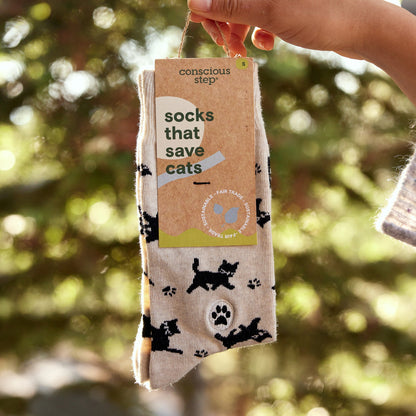 Socks that Save Cats — Black Cat Silhouette Crew Socks | Cream | Cat Lover Gift | Organic Cotton - Spinsterly Co
