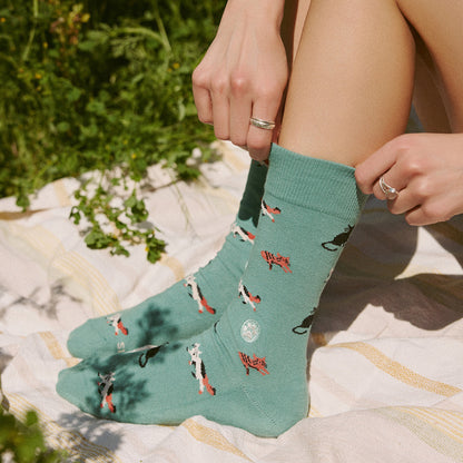 Socks that Save Cats — Frisky Cat Crew Socks | Teal | Cat Lover Gift | Organic Cotton - Spinsterly Co