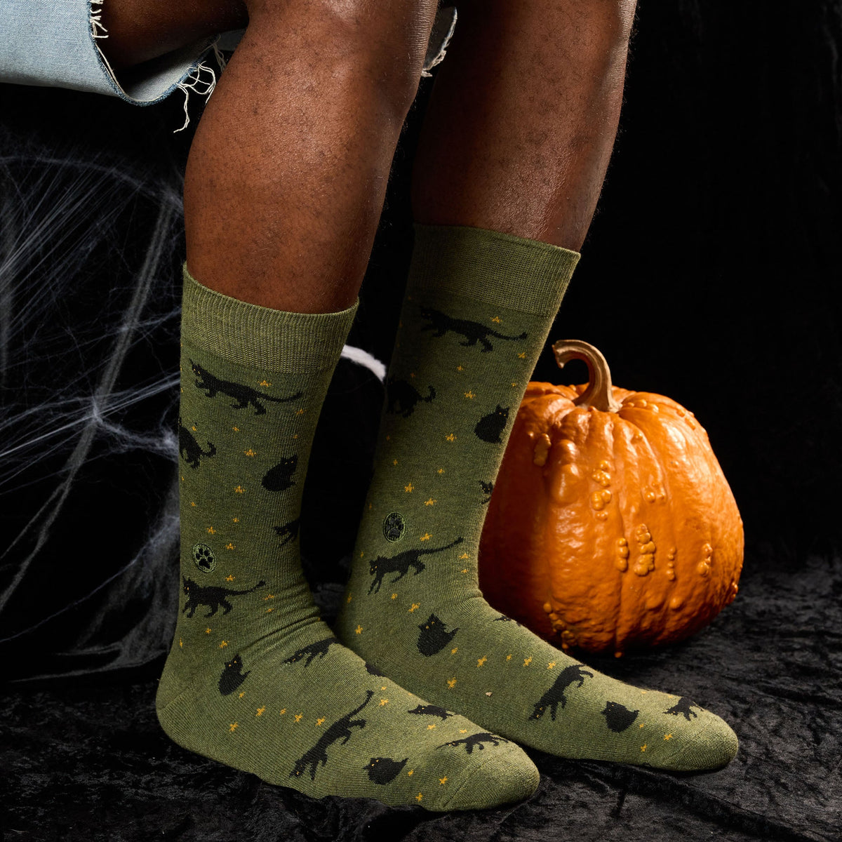 Socks that Save Cats — Halloween Black Cat Crew Socks | Olive Green | Witchy Gift | Organic Cotton - Spinsterly Co