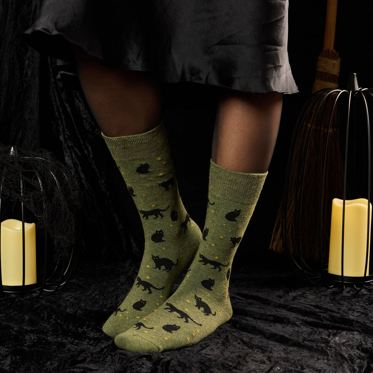 Socks that Save Cats — Halloween Black Cat Crew Socks | Olive Green | Witchy Gift | Organic Cotton - Spinsterly Co
