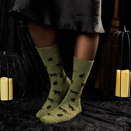 Socks that Save Cats — Halloween Black Cat Crew Socks | Olive Green | Witchy Gift | Organic Cotton - Spinsterly Co