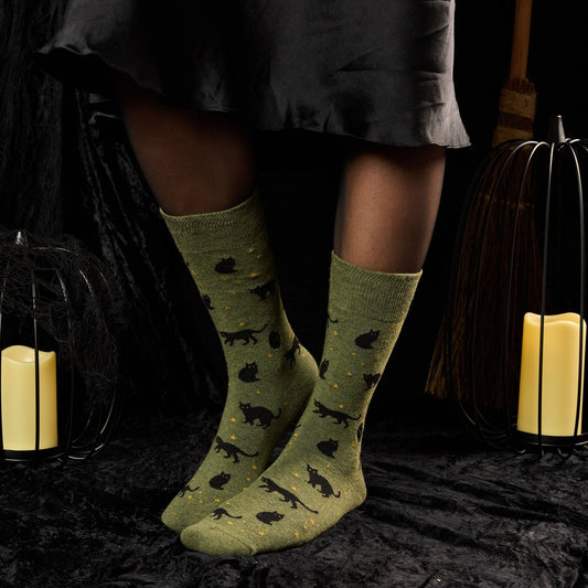 Socks that Save Cats — Halloween Black Cat Crew Socks | Olive Green | Witchy Gift | Organic Cotton - Spinsterly Co