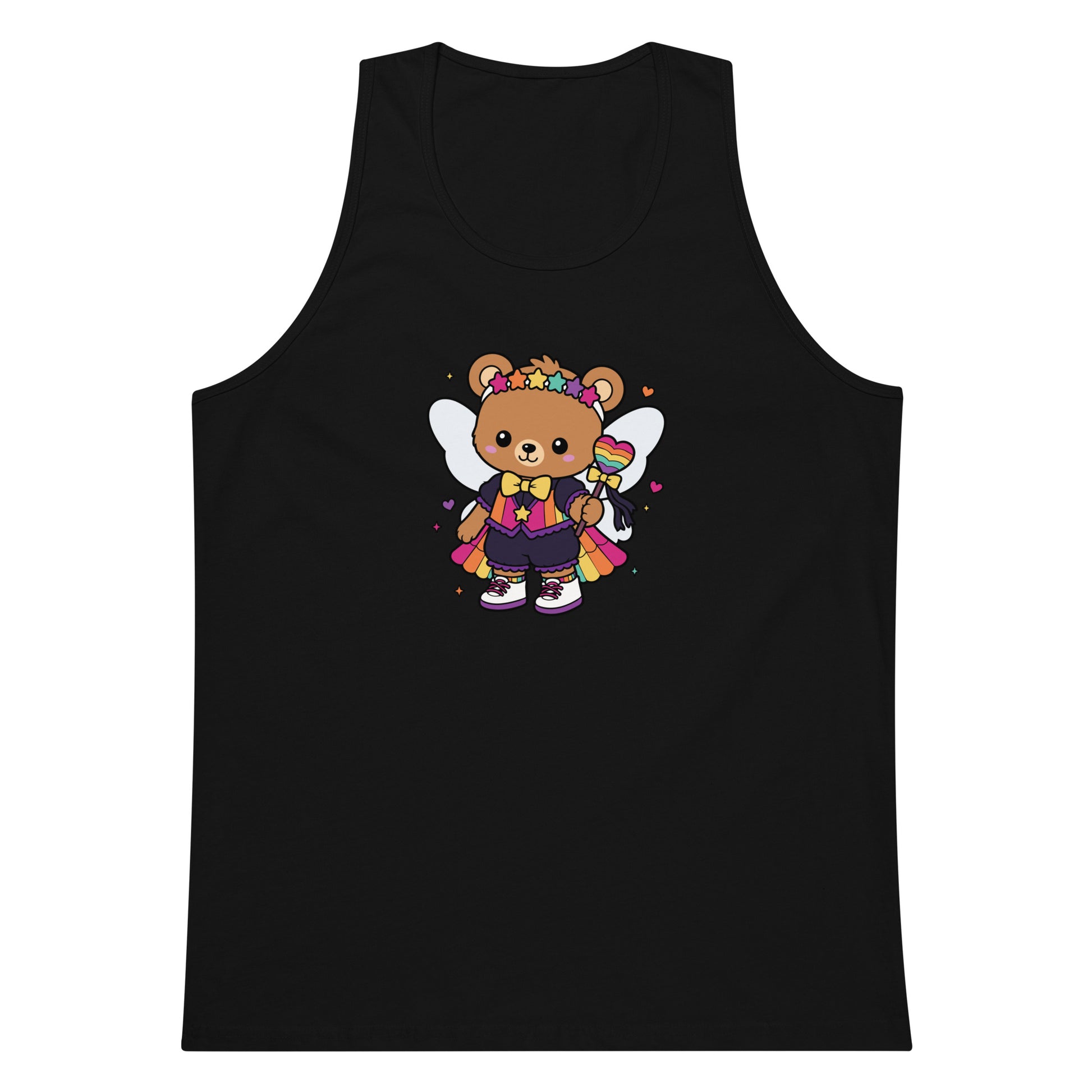 Rainbow Fairy Bear Pride Tank Top by Spinsterly Co in black with kawaii fairy bear graphic and rainbow heart wand