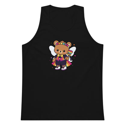 Rainbow Fairy Bear Pride Tank Top by Spinsterly Co in black with kawaii fairy bear graphic and rainbow heart wand