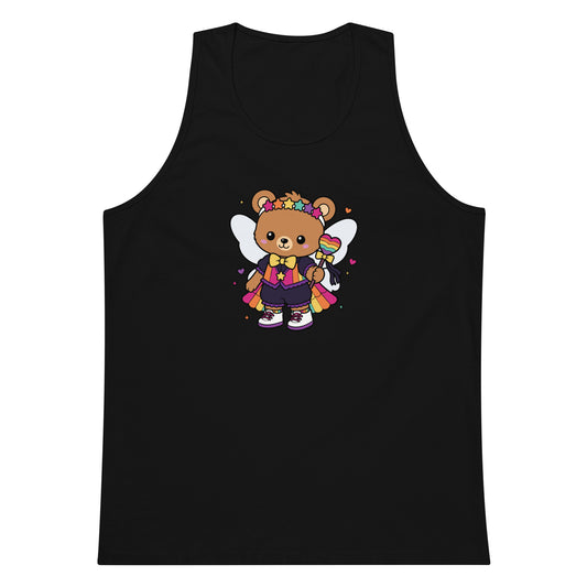Rainbow Fairy Bear Pride Tank Top by Spinsterly Co in black with kawaii fairy bear graphic and rainbow heart wand