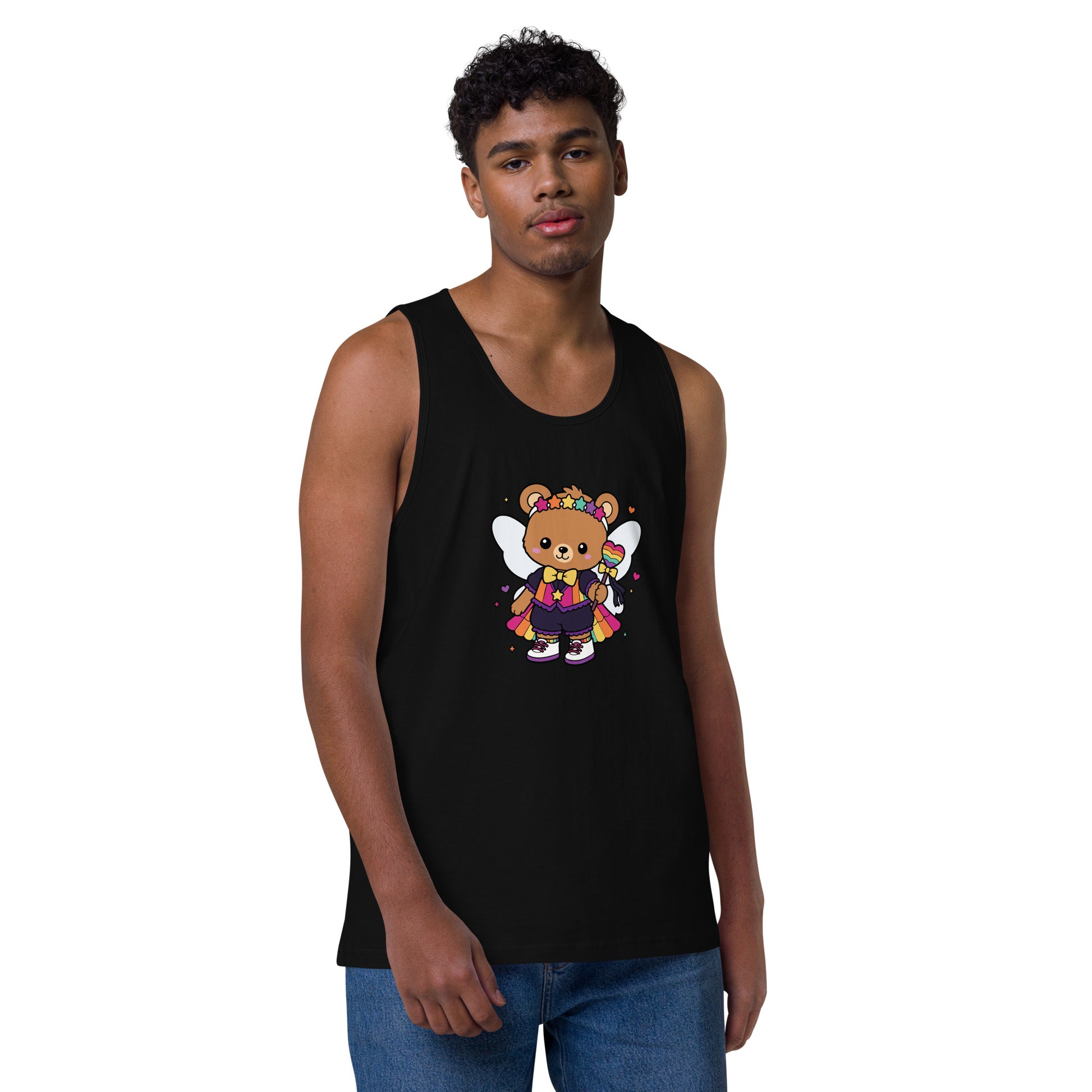 Rainbow Fairy Bear Pride Tank Top by Spinsterly Co in black with kawaii fairy bear front graphic