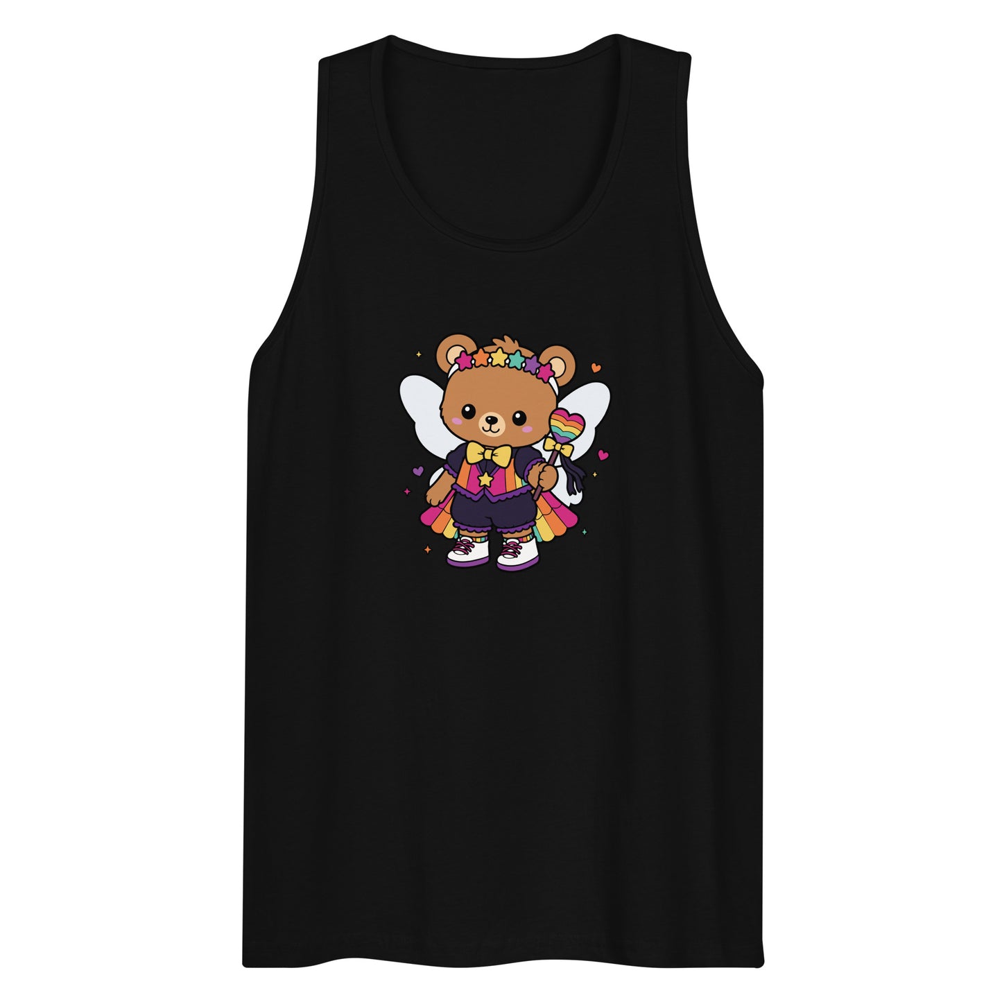 Rainbow Fairy Bear Pride Tank Top by Spinsterly Co black tank with kawaii fairy bear front graphic