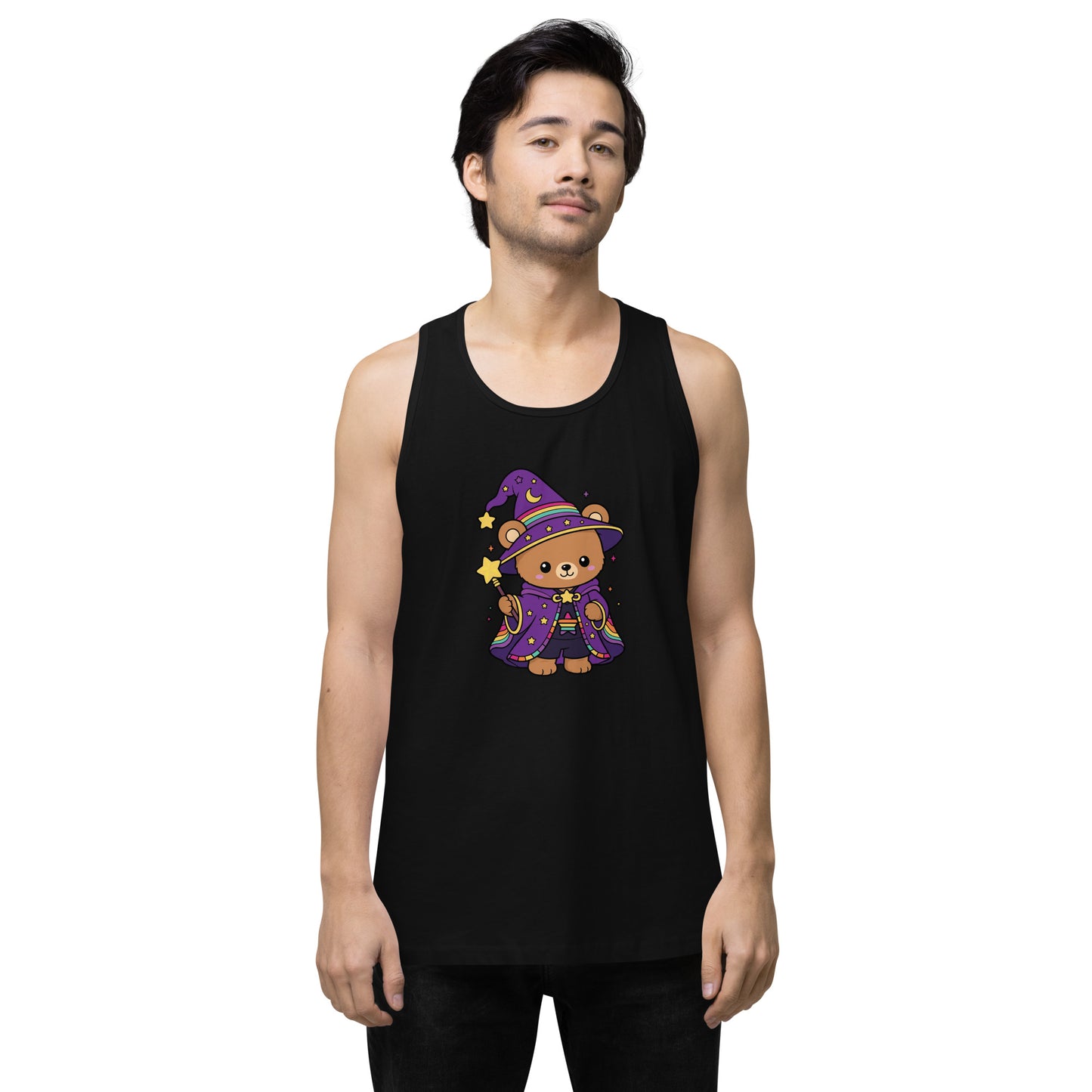 Wizard Bear Pride Tank Top by Spinsterly Co black unisex drop-arm tank with kawaii rainbow wizard bear graphic