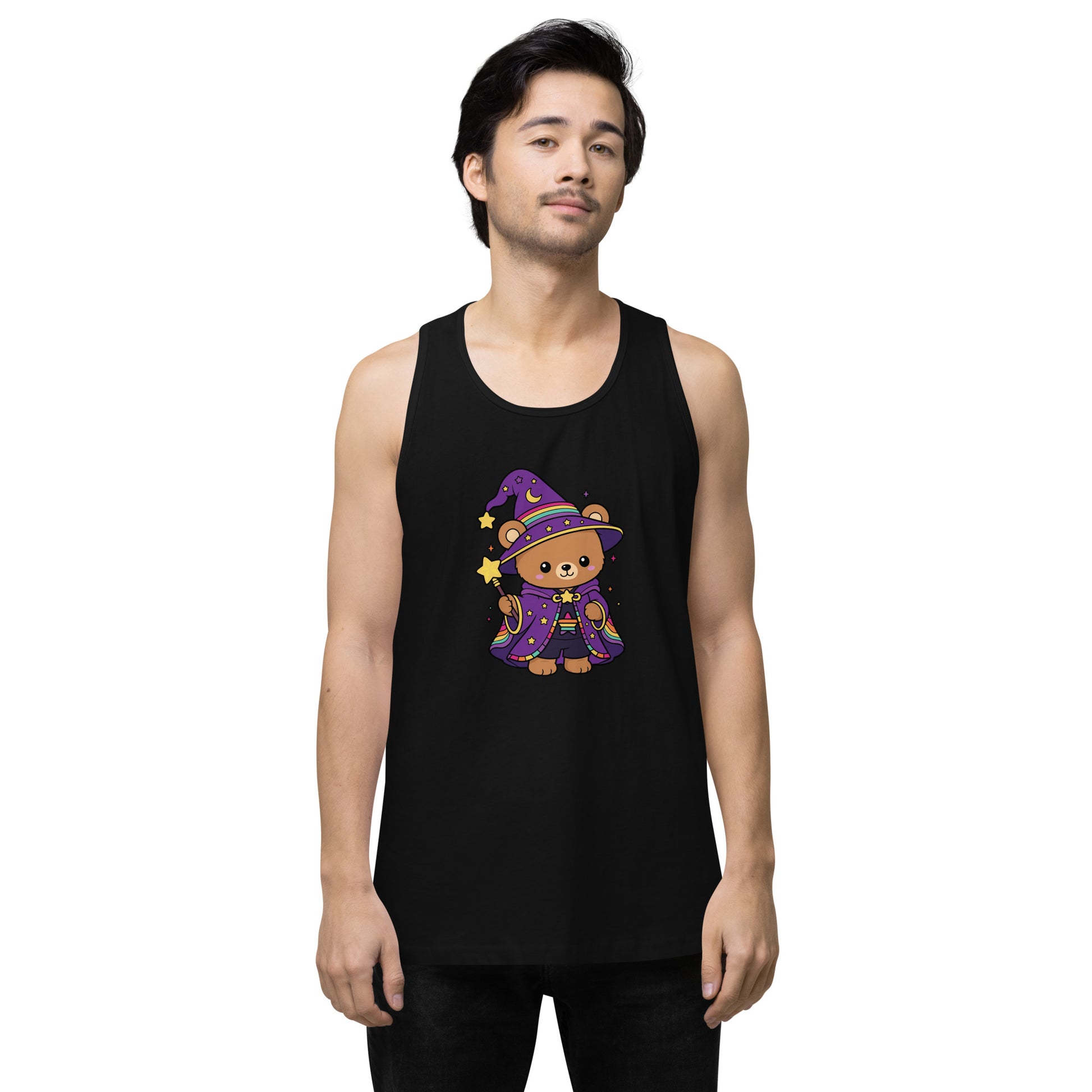 Wizard Bear Pride Tank Top by Spinsterly Co black unisex drop-arm tank with kawaii rainbow wizard bear graphic