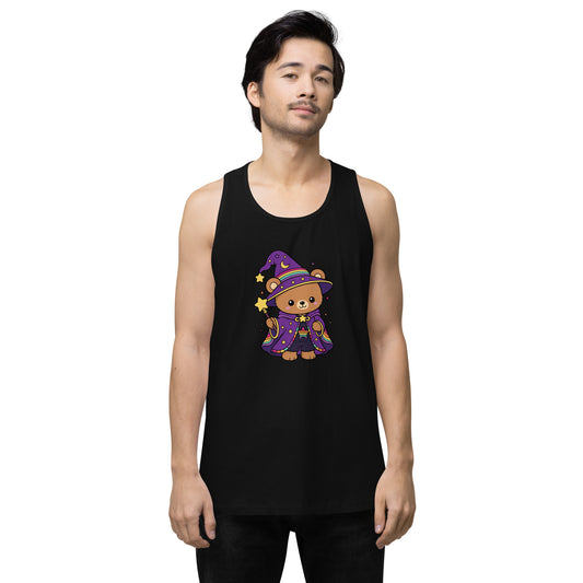 Wizard Bear Pride Tank Top by Spinsterly Co black unisex drop-arm tank with kawaii rainbow wizard bear graphic