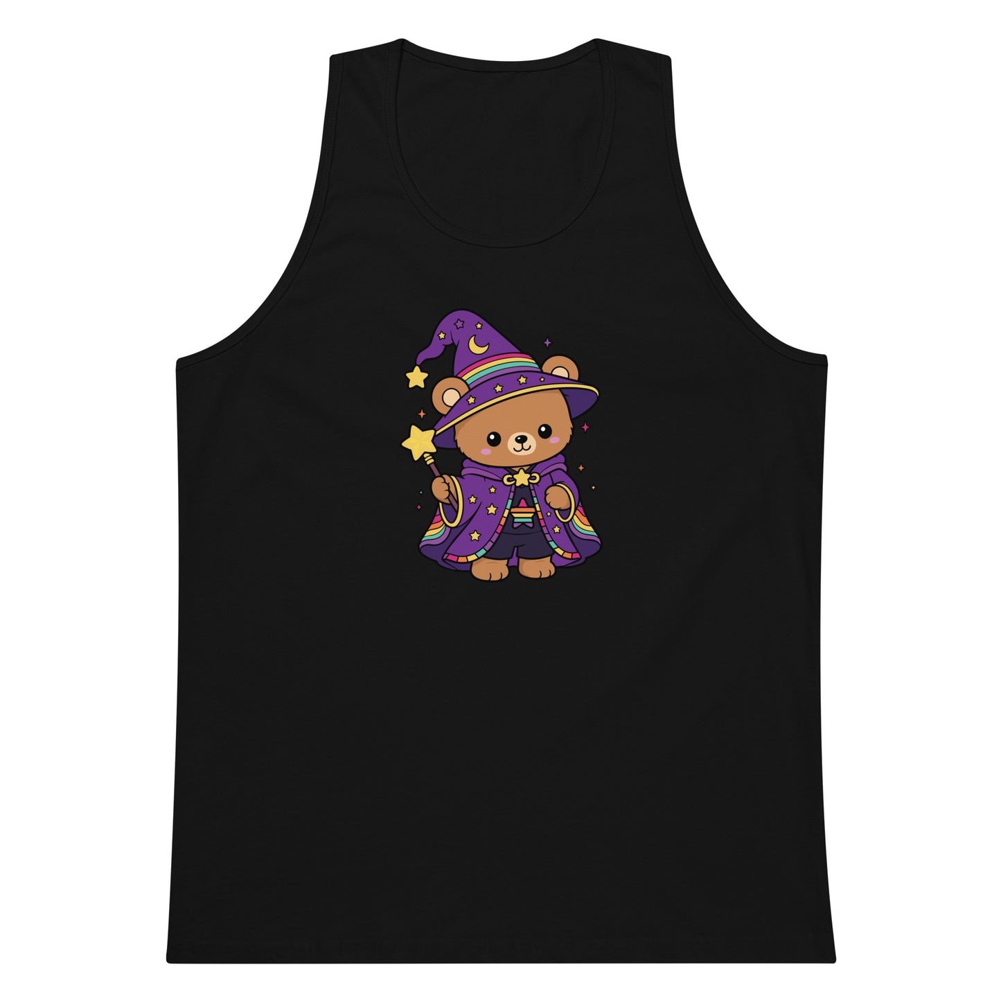 Wizard Bear Pride Tank Top by Spinsterly Co in black with kawaii rainbow wizard bear graphic
