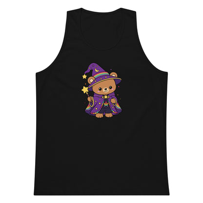 Wizard Bear Pride Tank Top by Spinsterly Co in black with kawaii rainbow wizard bear graphic