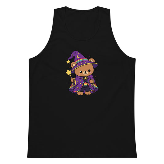 Wizard Bear Pride Tank Top by Spinsterly Co in black with kawaii rainbow wizard bear graphic