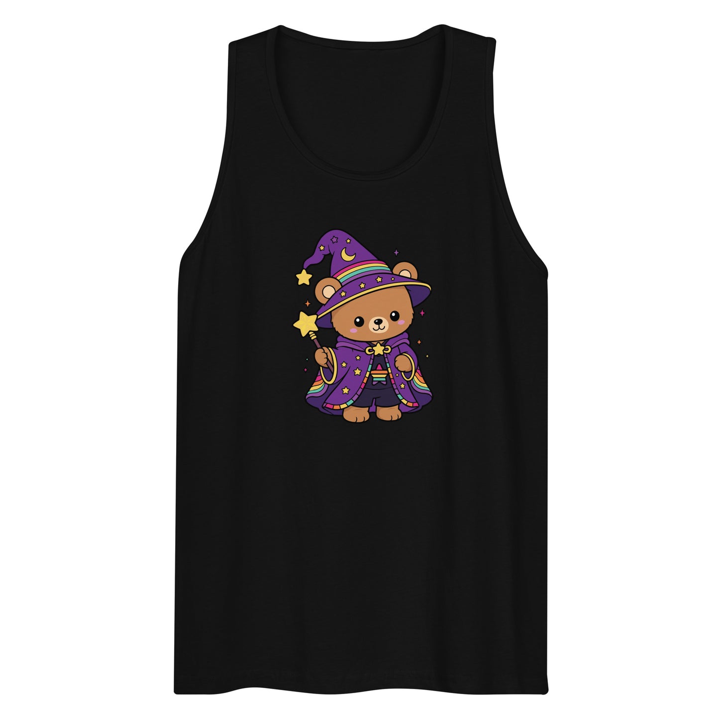 Wizard Bear Pride Tank Top by Spinsterly Co black unisex tank with kawaii rainbow wizard bear front print