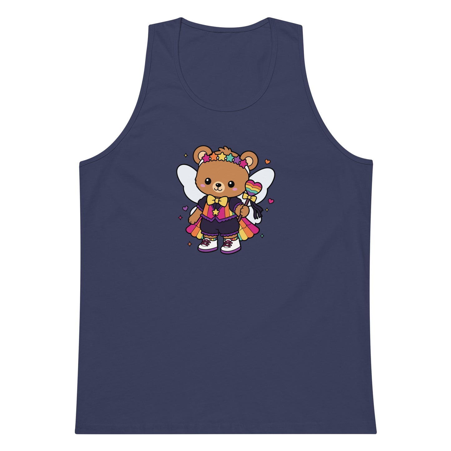 Rainbow Fairy Bear Pride Tank Top by Spinsterly Co in Harbor Blue with front kawaii fairy bear graphic