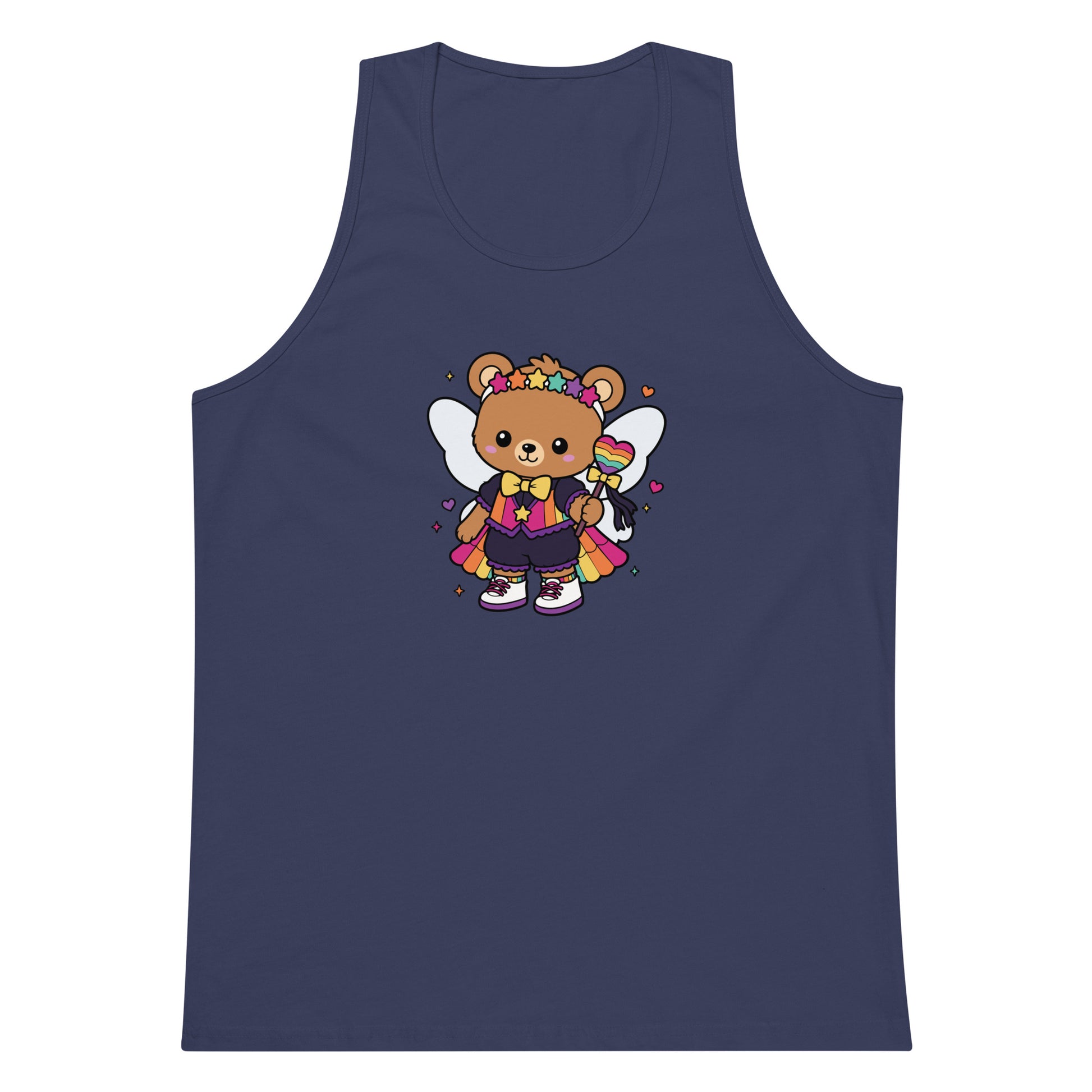 Rainbow Fairy Bear Pride Tank Top by Spinsterly Co in Harbor Blue with front kawaii fairy bear graphic