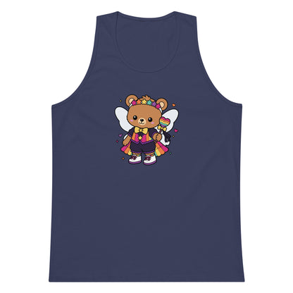 Rainbow Fairy Bear Pride Tank Top by Spinsterly Co in Harbor Blue with front kawaii fairy bear graphic