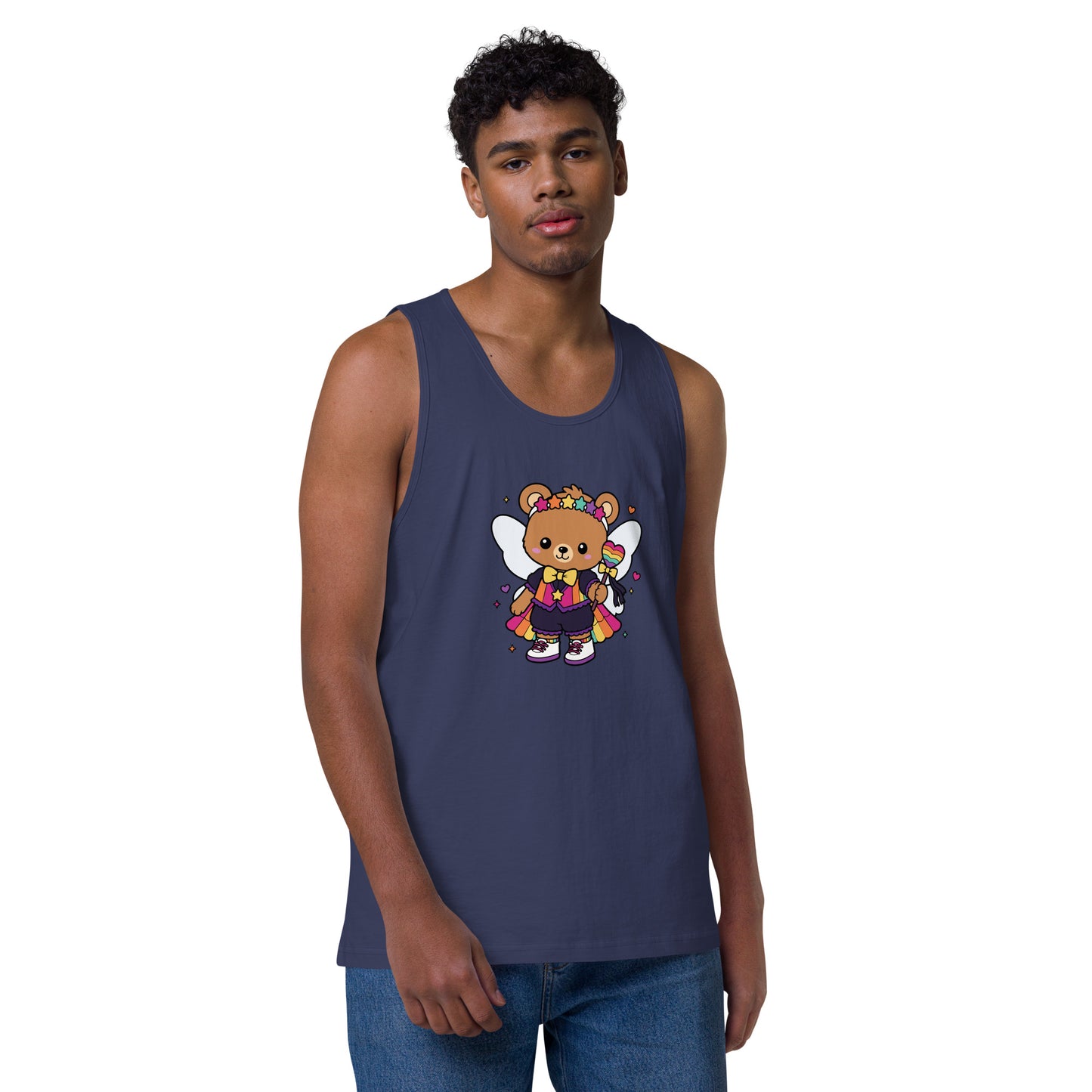Rainbow Fairy Bear Pride Tank Top by Spinsterly Co in navy with kawaii fairy bear front graphic