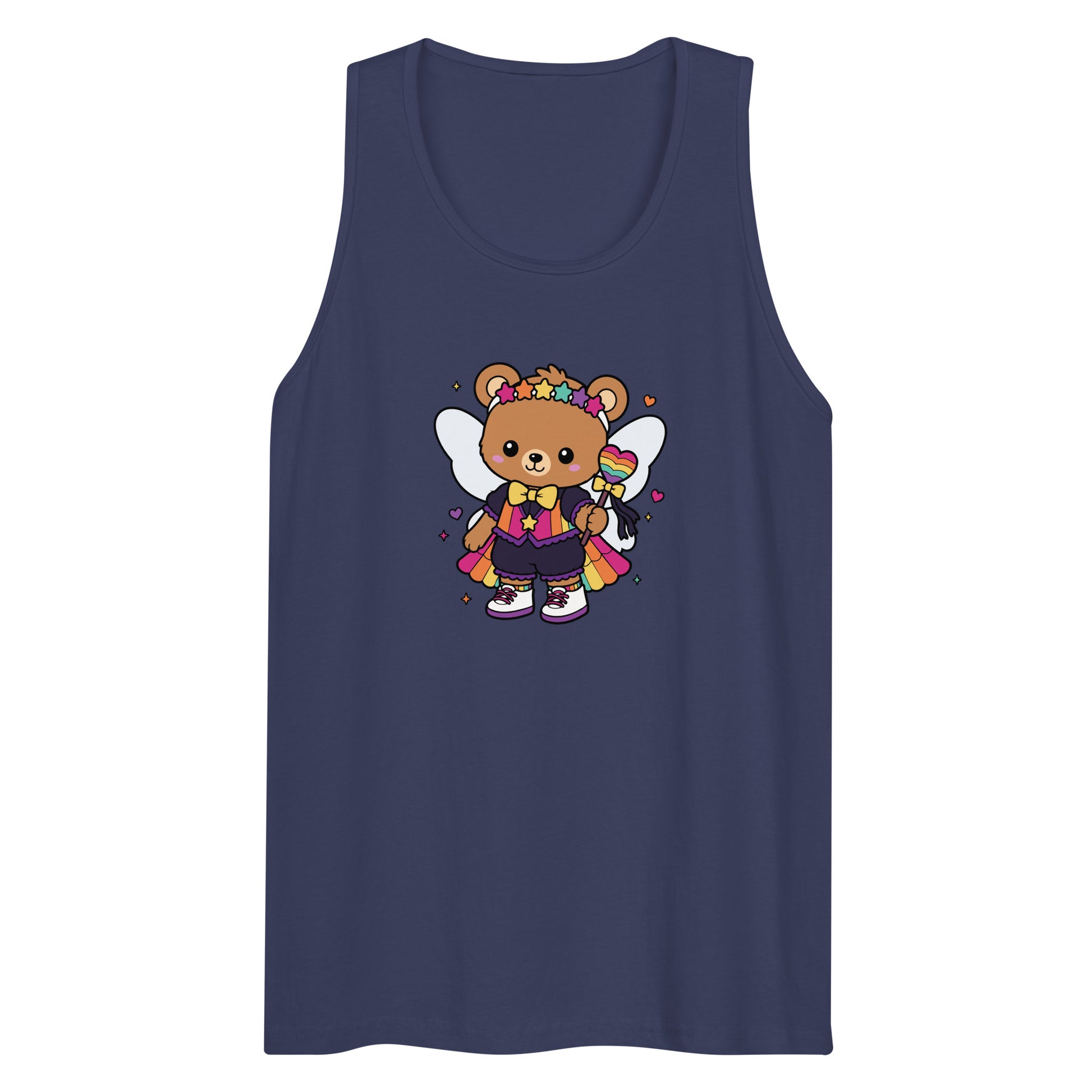 Rainbow Fairy Bear Pride Tank Top by Spinsterly Co in Harbor Blue with front kawaii fairy bear graphic