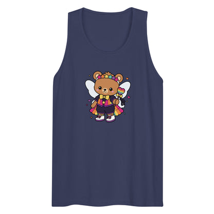 Rainbow Fairy Bear Pride Tank Top by Spinsterly Co in Harbor Blue with front kawaii fairy bear graphic