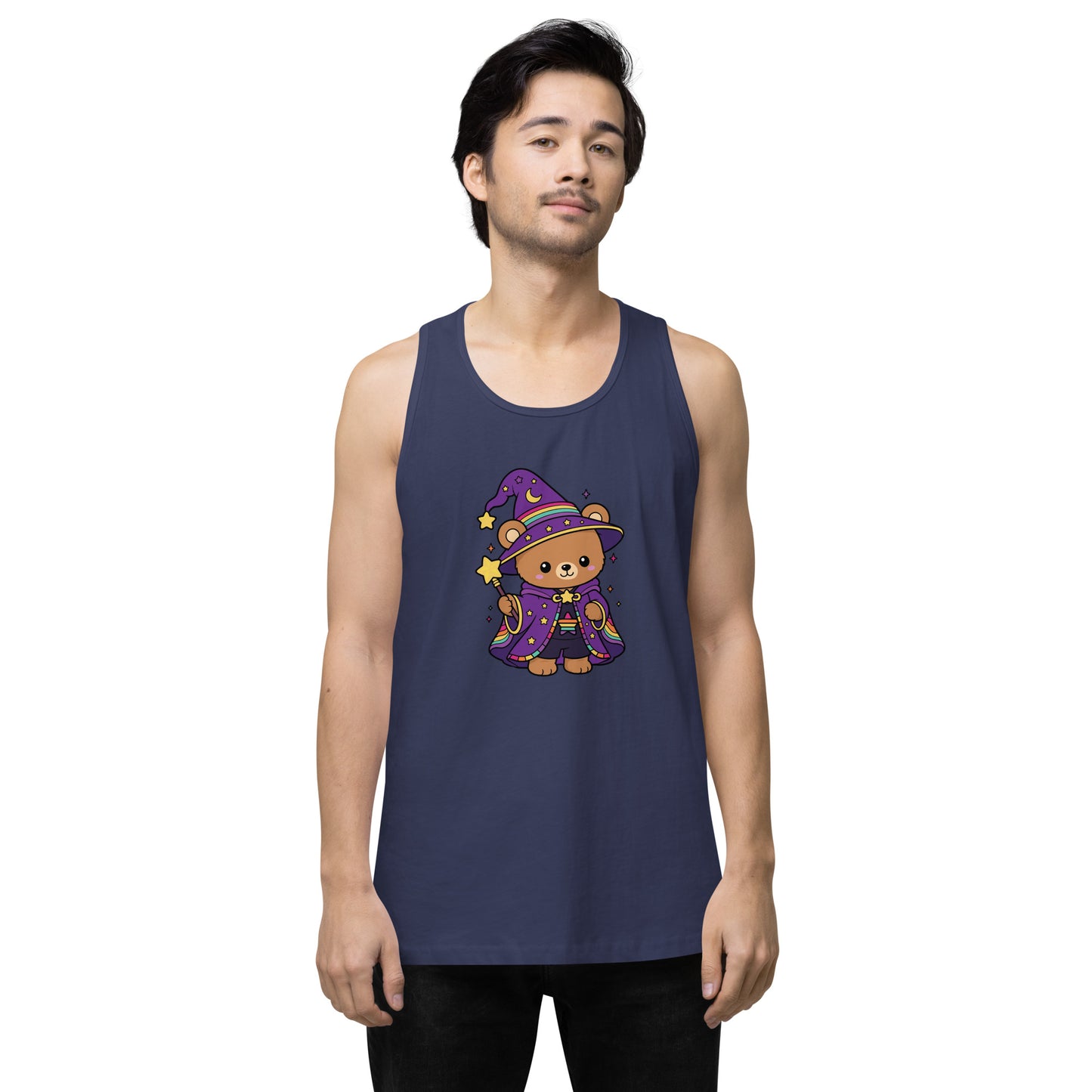 Wizard Bear Pride Tank Top by Spinsterly Co in Harbor Blue with kawaii rainbow wizard bear print